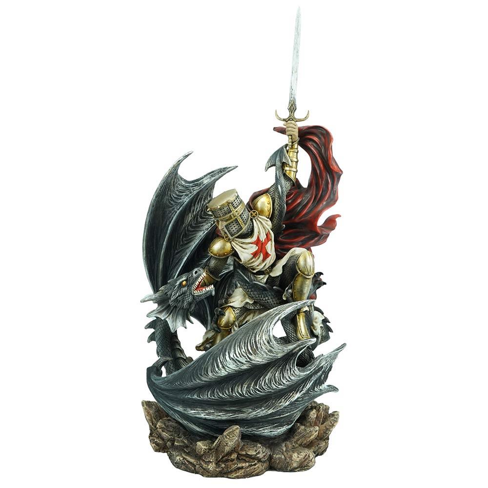 Crusader Knight Slaying Dragon Sculpture Gothic Fantasy Medieval Templar Figurine