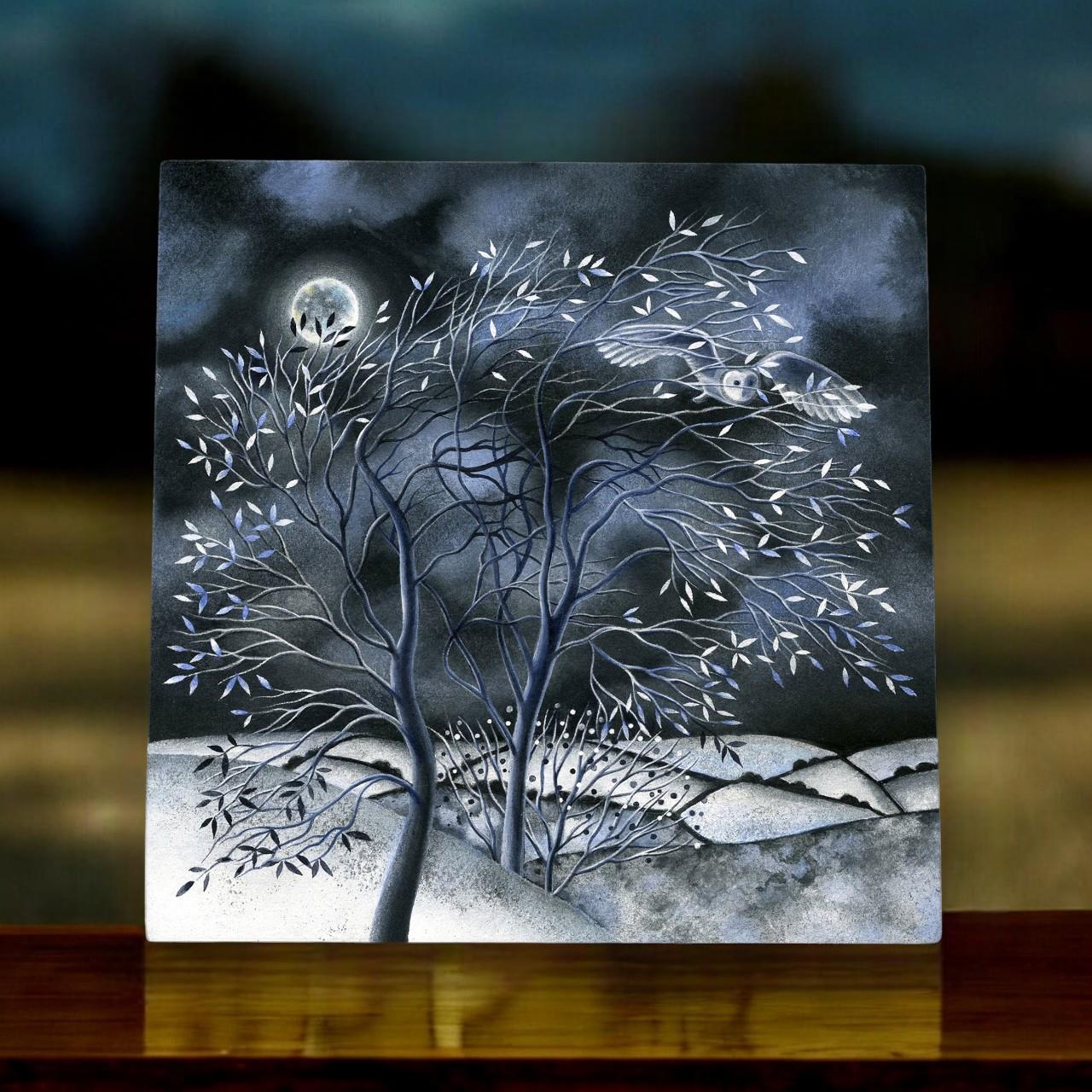 P. Stone Tree Night Time Glow Ceramic Art Tile 20x20cm - Stunning Home Wall Decor