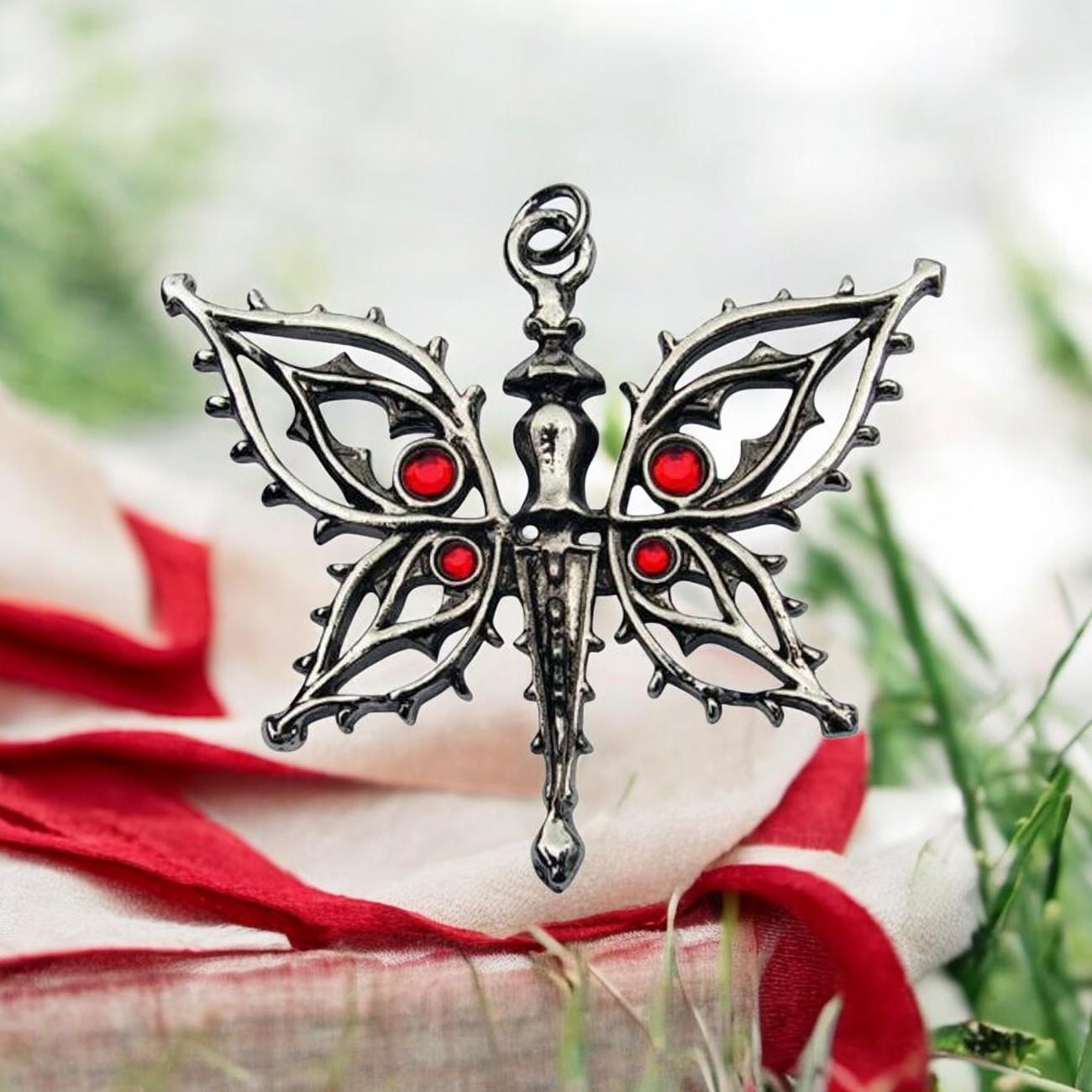 Gothic Butterfly Pendant Necklace with Blood Red Accents | Children of the Night Collection | Dark Fantasy Jewelry by Briar