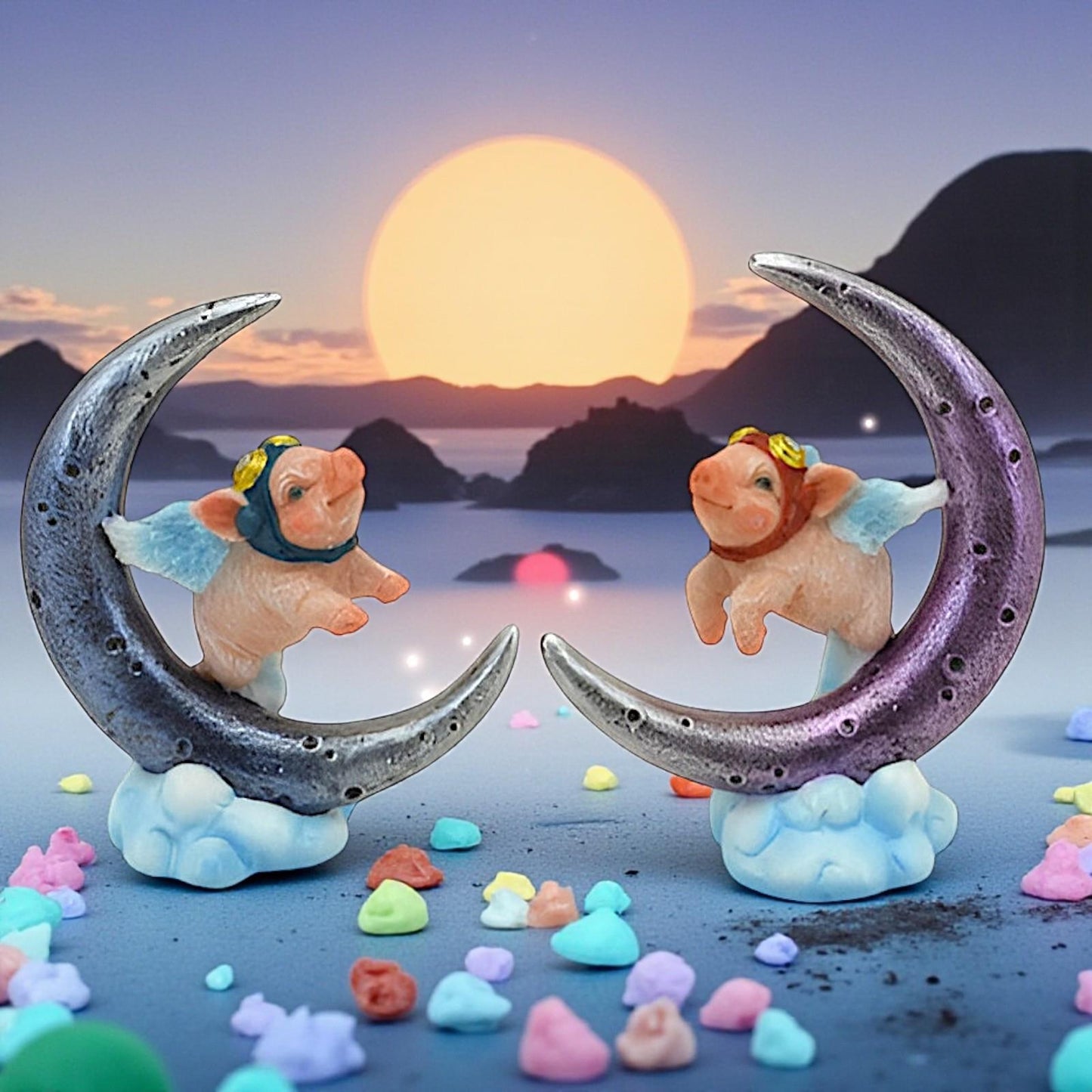 Whimsical Flying Pigs on Moon Figurine Pair Cute Fantasy Ornaments Home Deco
