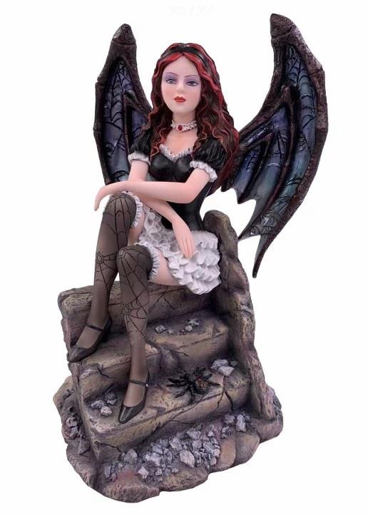 Gothic Fantasy Fairy Statue Figurine Ornament Sculpture – Dark Winged Lady Sitting on Ruins 23cm