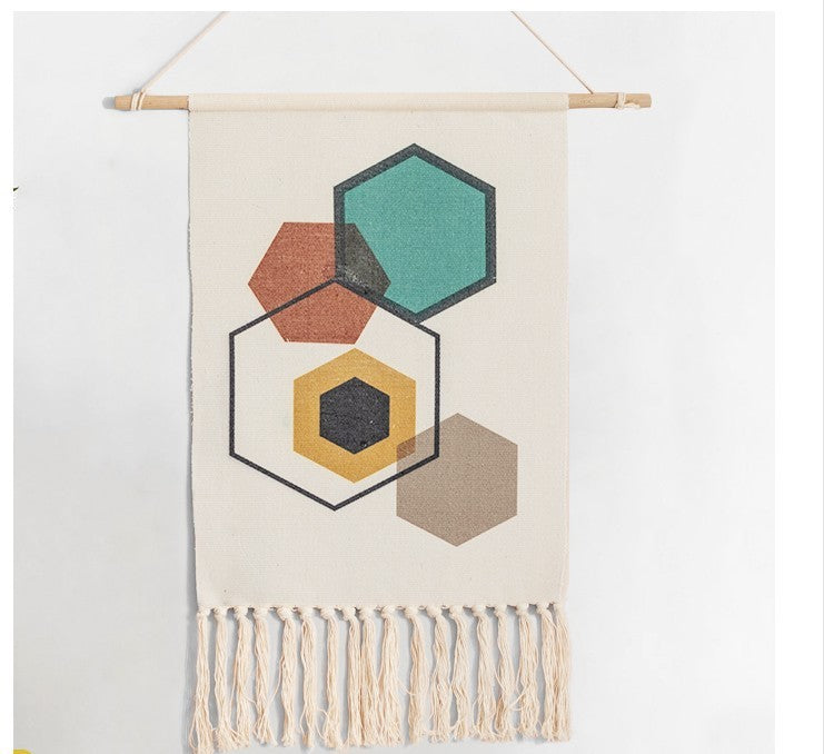 Nordic Hand-Woven Cotton Tapestry - Minimalist Wall Hanging with Geometric Design and Fringe, Modern Boho Decor for Living Room or Bedroom