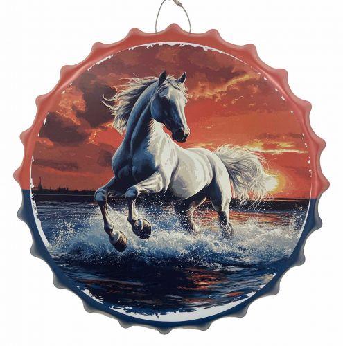Horse at Sunset Metal Wall Plaque – Galloping Stallion Ocean Scene Bottle Cap Art 40cm