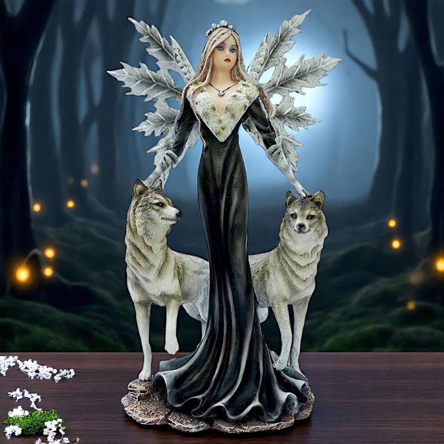 Mystical Wolf Guardian Figurine Gothic Forest Queen Dark Fantasy Magical Statue
