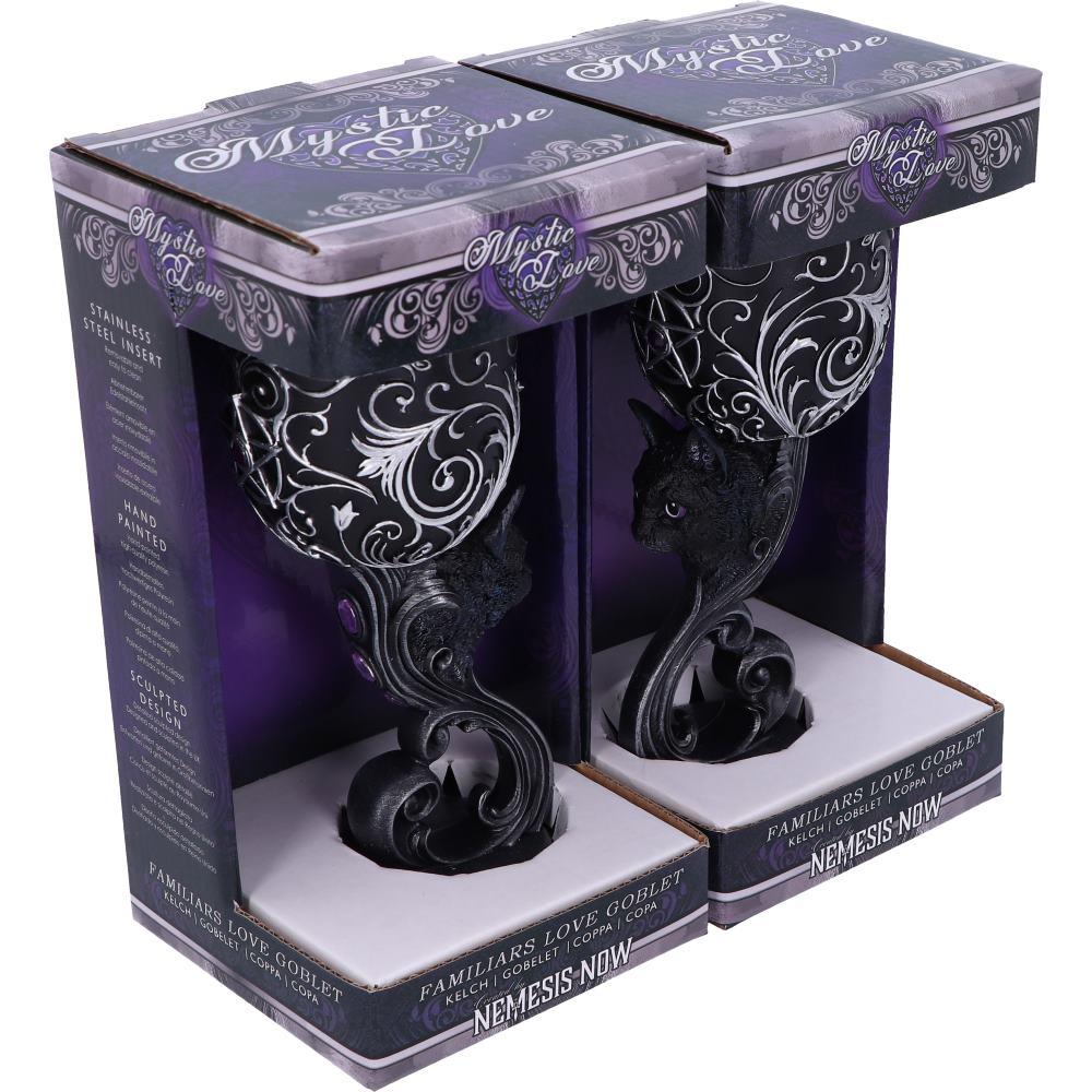 Twin Black Cat Goblets Familiars Gothic Chalice Set Wiccan Occult Wine Glasses