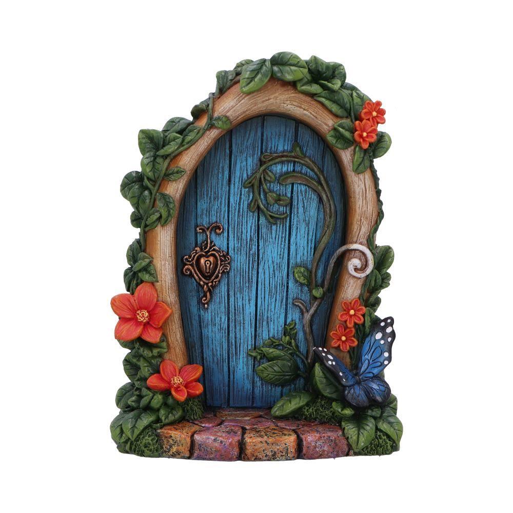 Whimsical Fairy Garden Door Figurine – Blue Door with Flowers & Butterfly 16.5cm Resin