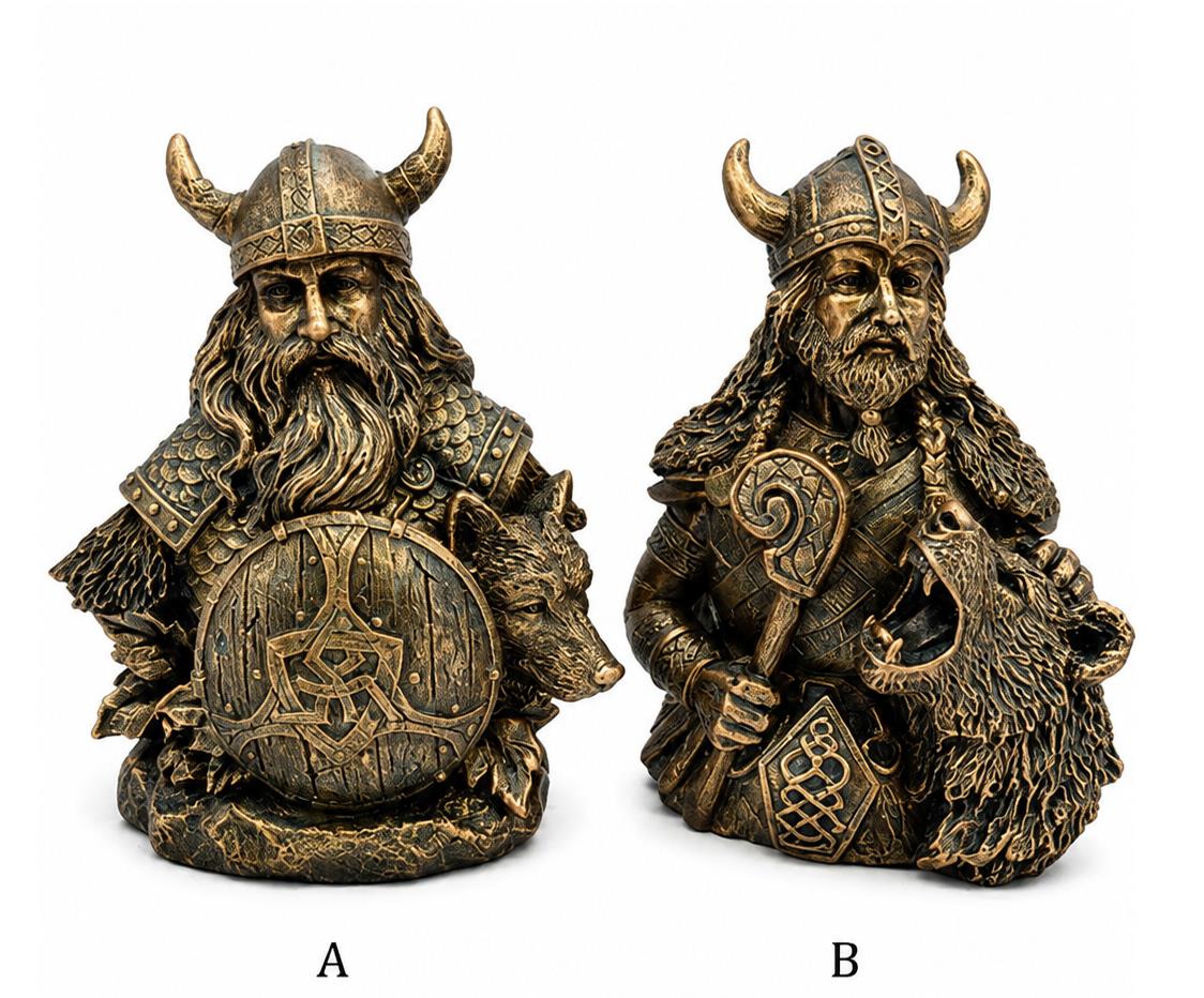 Pair Viking Warrior Wolf Bust Statues Norse Mythology Nordic Figurines 13cm