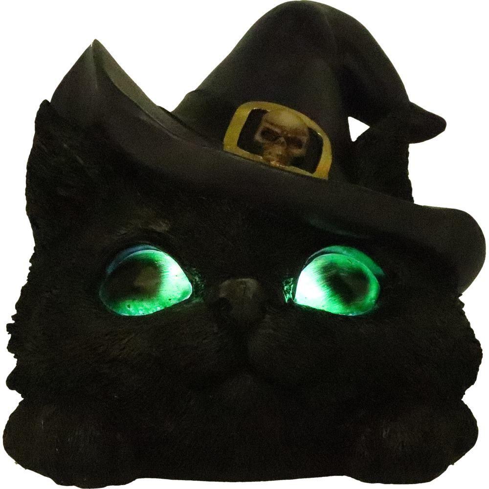 Familiar Grin Black Cat Head Ornament with Light-Up Eyes – 13.8cm Halloween Decor