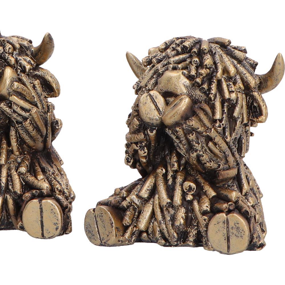 Three Wise Highland Cow Figurines Gold Farm Animal See Hear Speak Set