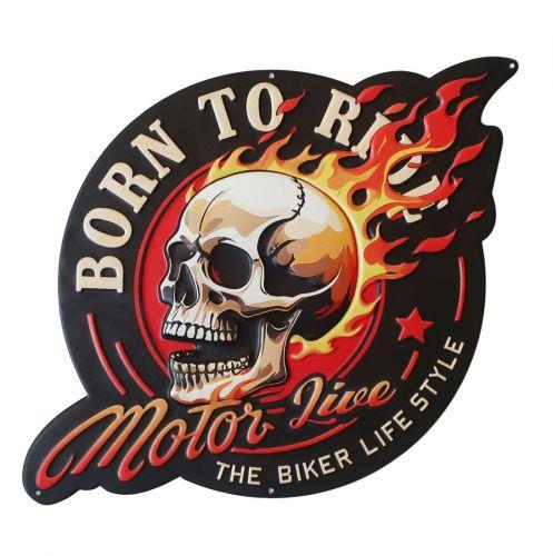 Flaming Skull Metal Wall Art | Born to Ride Motorcycle Biker Decor Sign 34x30cm