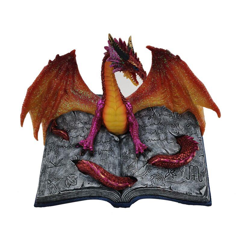 Fantasy Dragon on Spellbook Ornament | Red Glitter Resin Figurine | Magical Gothic Decor 18cm