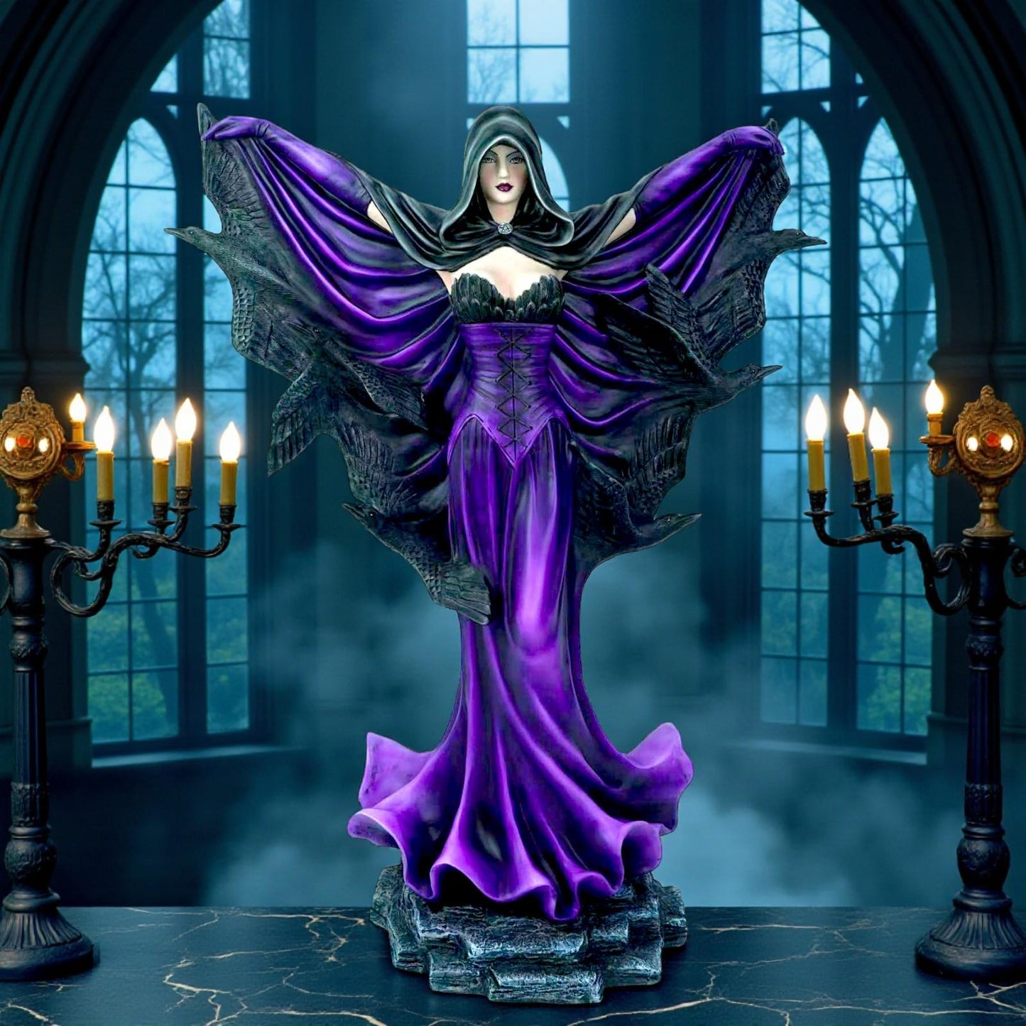 Gothic Fairy with Cloak and Ravens Figurine Fantasy Ornament Angel Decor Statue