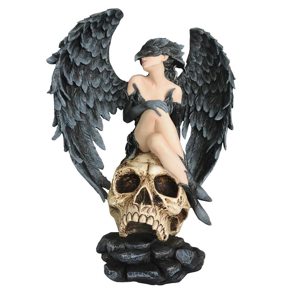 Gothic Winged Bird Masked Raven Angel Figurine on Skull Dark Fantasy Sculpture