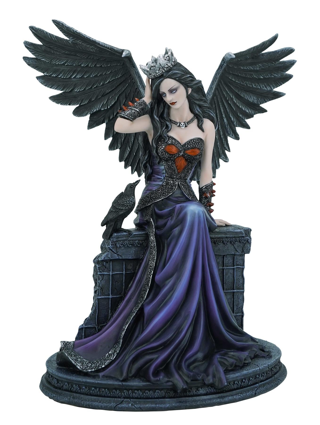 Gothic Dark Angel Figurine with Crown Raven Resin Statue Fantasy Ornament 31cm