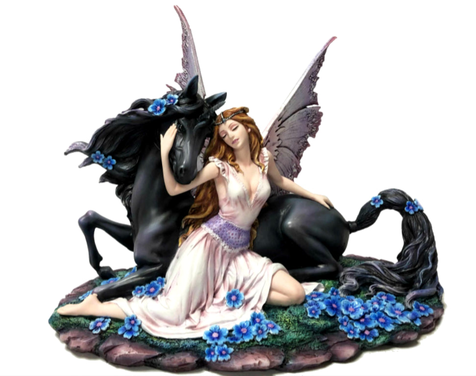 Large Fairy Comforting Black Unicorn Sculpture Statue Ornament Figure or Gift