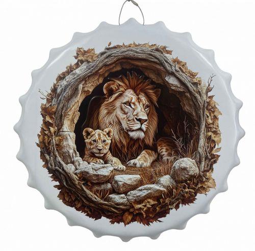 Majestic Lion Family Metal Wall Art 40cm Safari Jungle Animal Bottle Cap Plaque