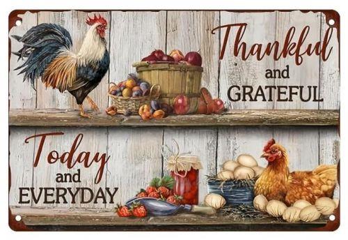Thankful Grateful Farmhouse Wall Sign Metal Plaque Chicken Rustic Country Kitchen Decor