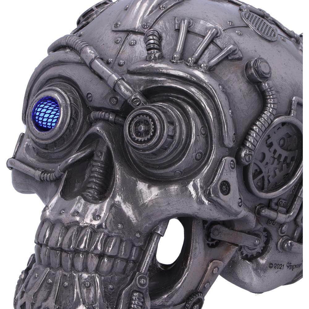 Gothic Cyberpunk Silver Skull Figurine Mechanical Detailing Steampunk Ornament