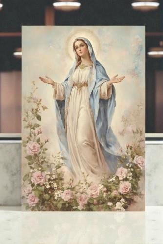 Blessed Virgin Mary Metal Religious Plaque – Christian Decor Madonna Artwork Sign