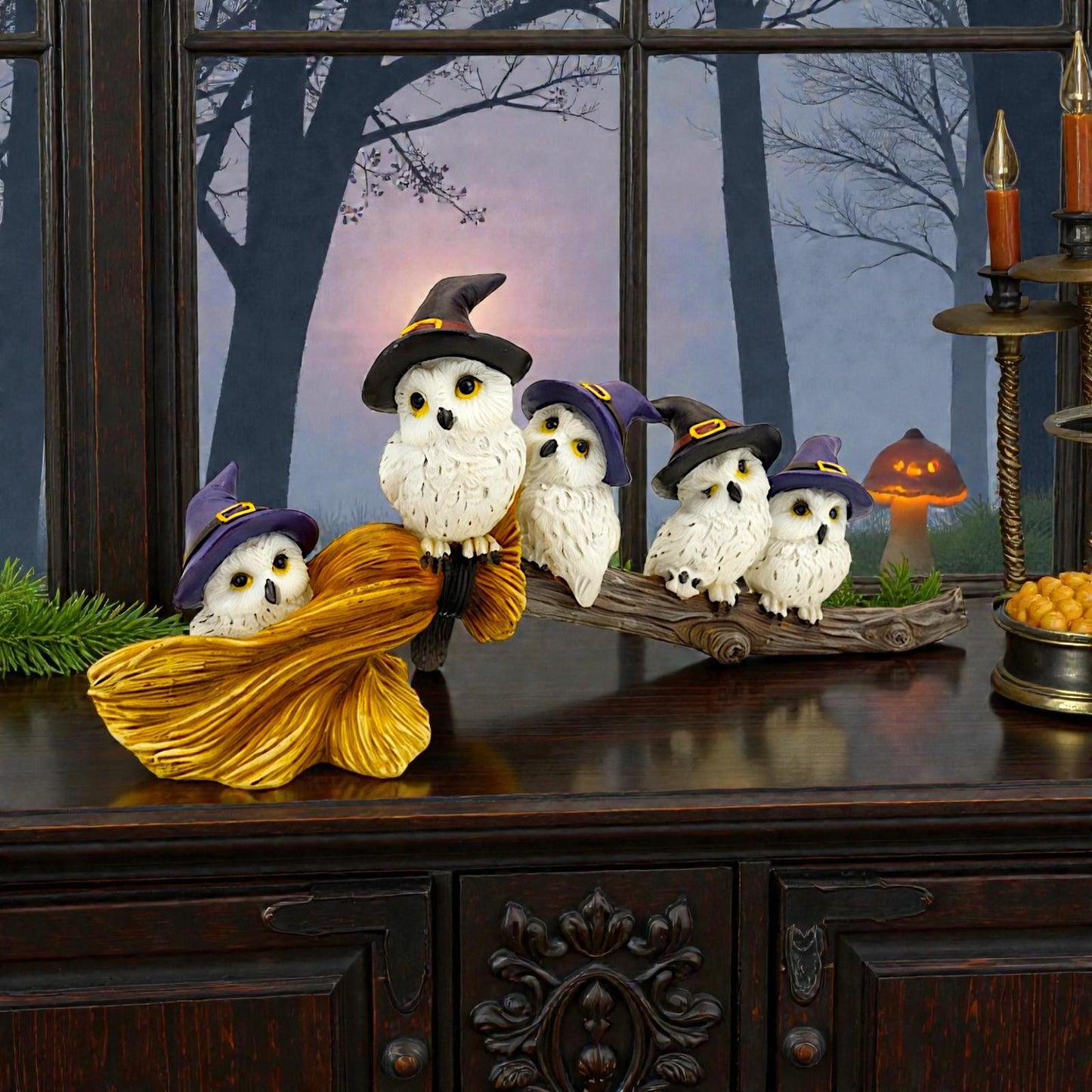 Cute Witch Owls Sitting On Broom Statue Gothic Halloween Fantasy Ornament