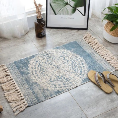 Cotton Linen Small Floor Mat - Boho Tribal Pattern Rug with Fringe, Perfect for Bedroom or Entryway Decor