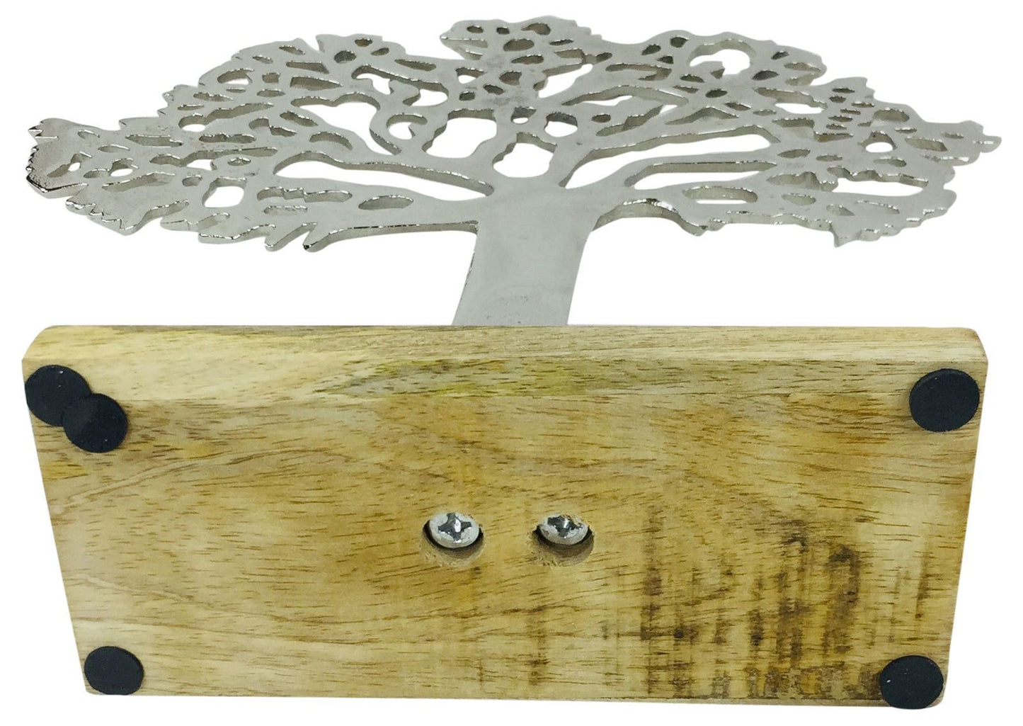Contemporary Silver Tree Decor - Metal Ornament with Wooden Base, Perfect Gift