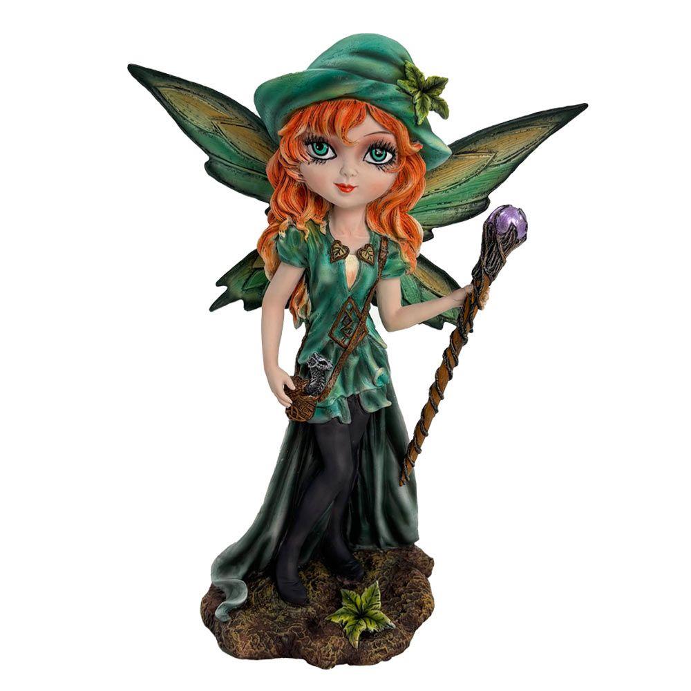 Forest Fairy Figurine with Baby Dragon & Staff Fantasy gothic Wiccan Ornament Decor