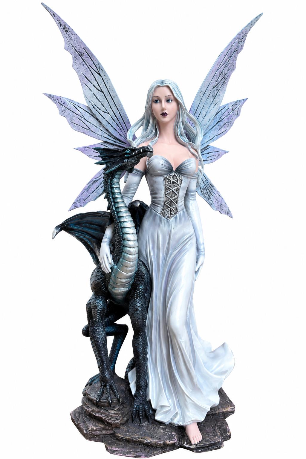Silver Fairy with Black Dragon Figurine 46.5cm Gothic Fantasy Statue Ornament