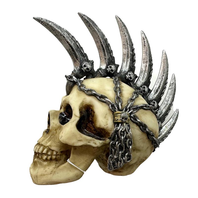 Gothic Skull Figurine with Blade Mohawk - Resin Skeleton Ornament Fantasy Decor