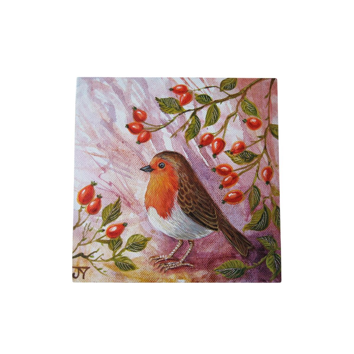 ROSE HIP ROBIN Ceramic Art Tile by Judith Yates - 20x20 cm - Ready to Hang - Collectible Home Decor