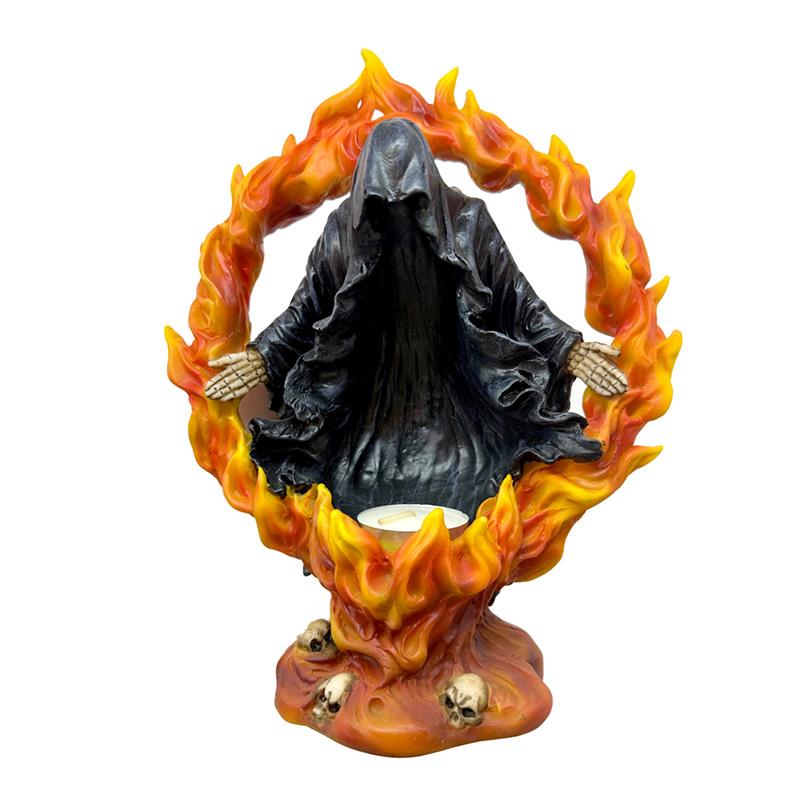 Flaming Reaper Tea Light Holder - Gothic Skeleton Halloween Figurine