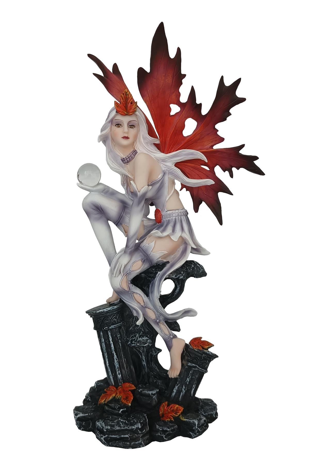 Dark Gothic Fairy Figurine Sitting on Plinth with Crystal Ball Fantasy Mystical Statue