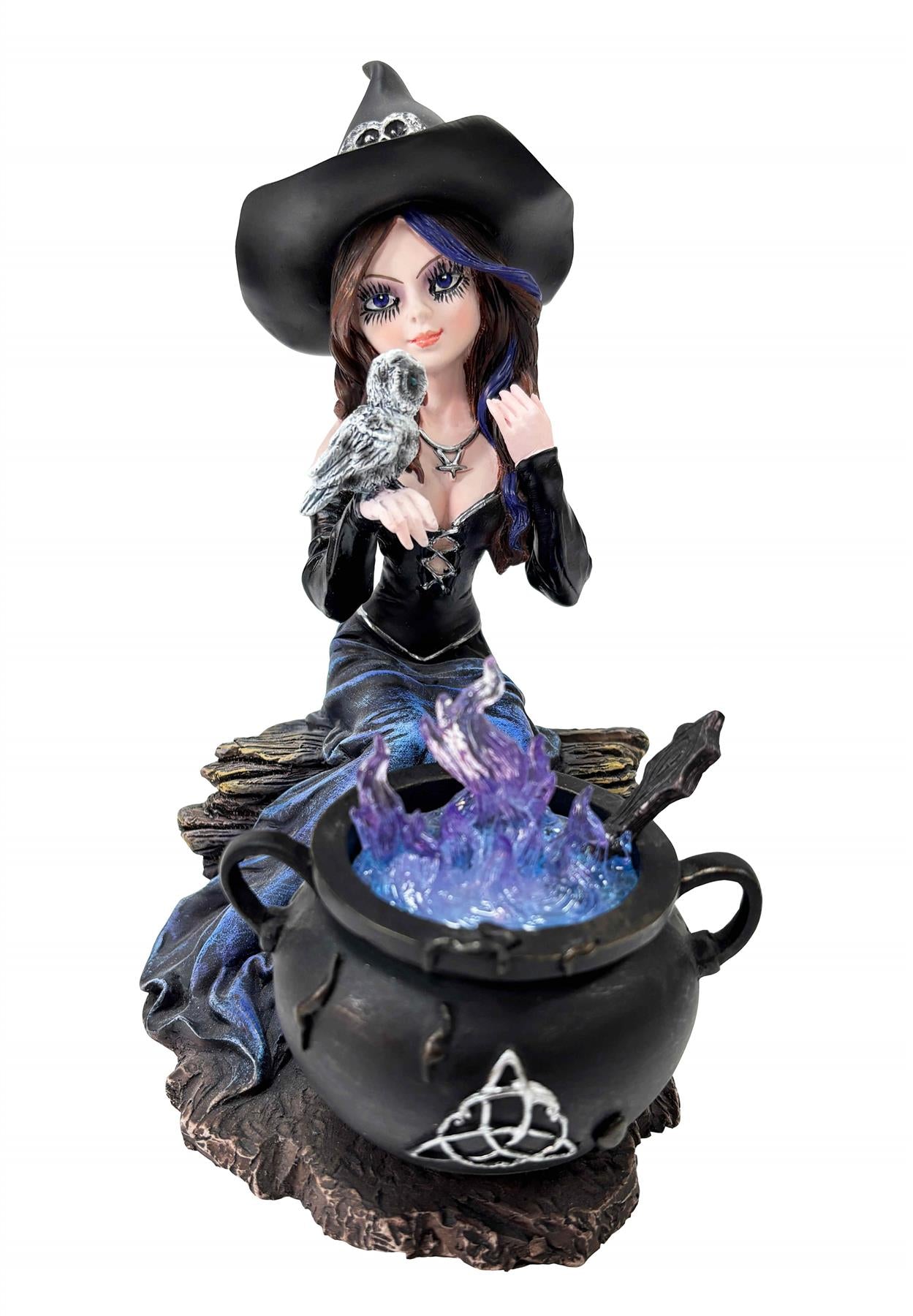 Fantasy Witch with Owl and Cauldron Figurine Cute Gothic Wiccan Ornament Gift