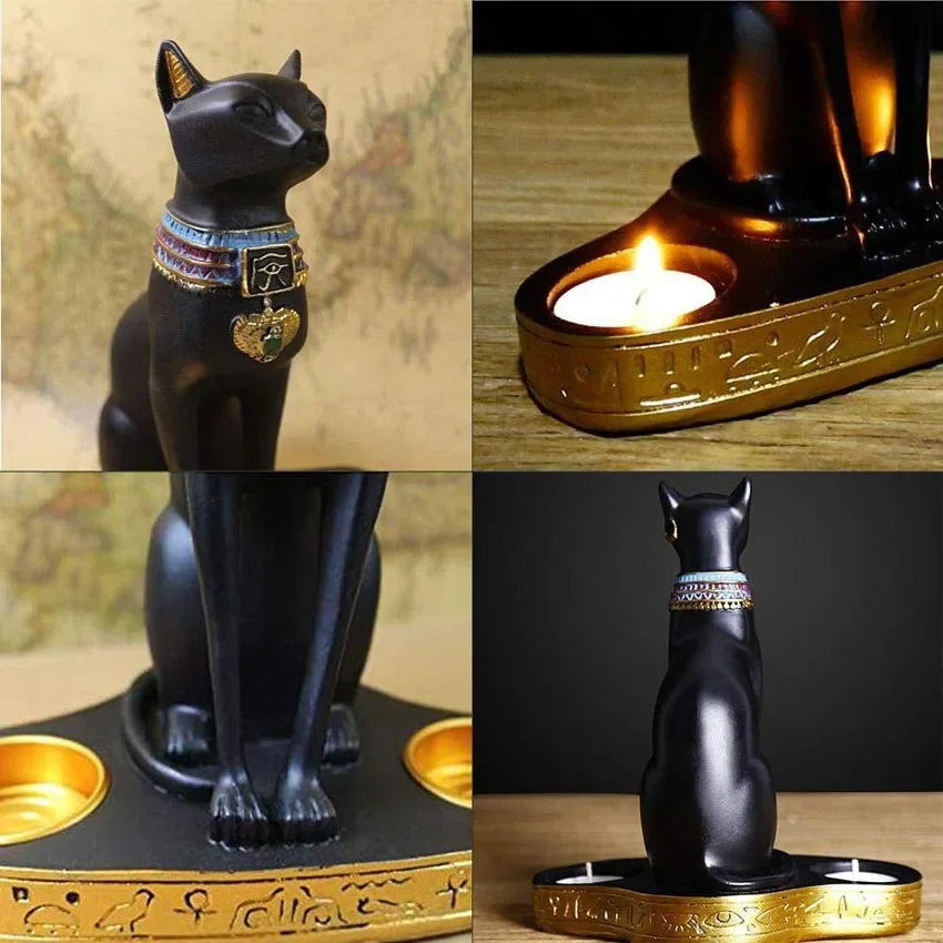 Egyptian Cat Craft Candlestick Candle Holder Resin Statue Retro Cat Goddess Figurine Home Office Garden Decoration Gift Ornament