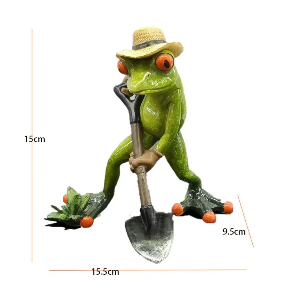 Gardening Frog Figurine Holding Shovel Green Frog Resin Statue Farmer Animal Sculpture Decoration Indoor Outdoor Garden Ornament