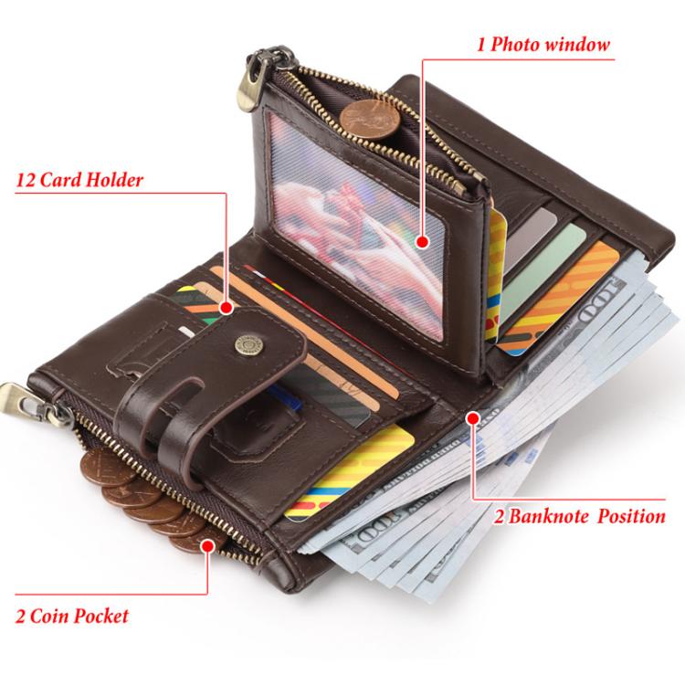 HUMERPAUL BP778 Short Leather Wallet RFID Tri-fold Double Zipper Coin Purse