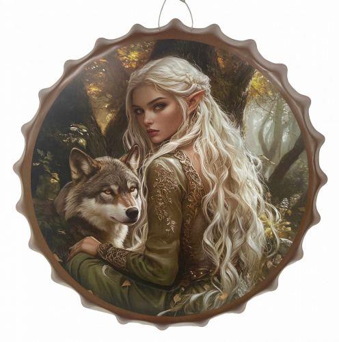Fantasy Elf and Wolf Metal Wall Plaque Magical Woodland Decorative Sign Art 40 cm