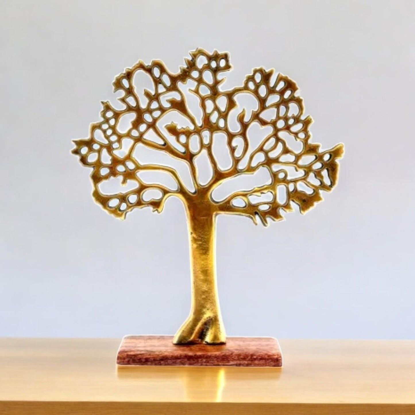 Gold Metal Tree Ornament - Decorative Tree of Life with Wooden Stand, Modern Decor