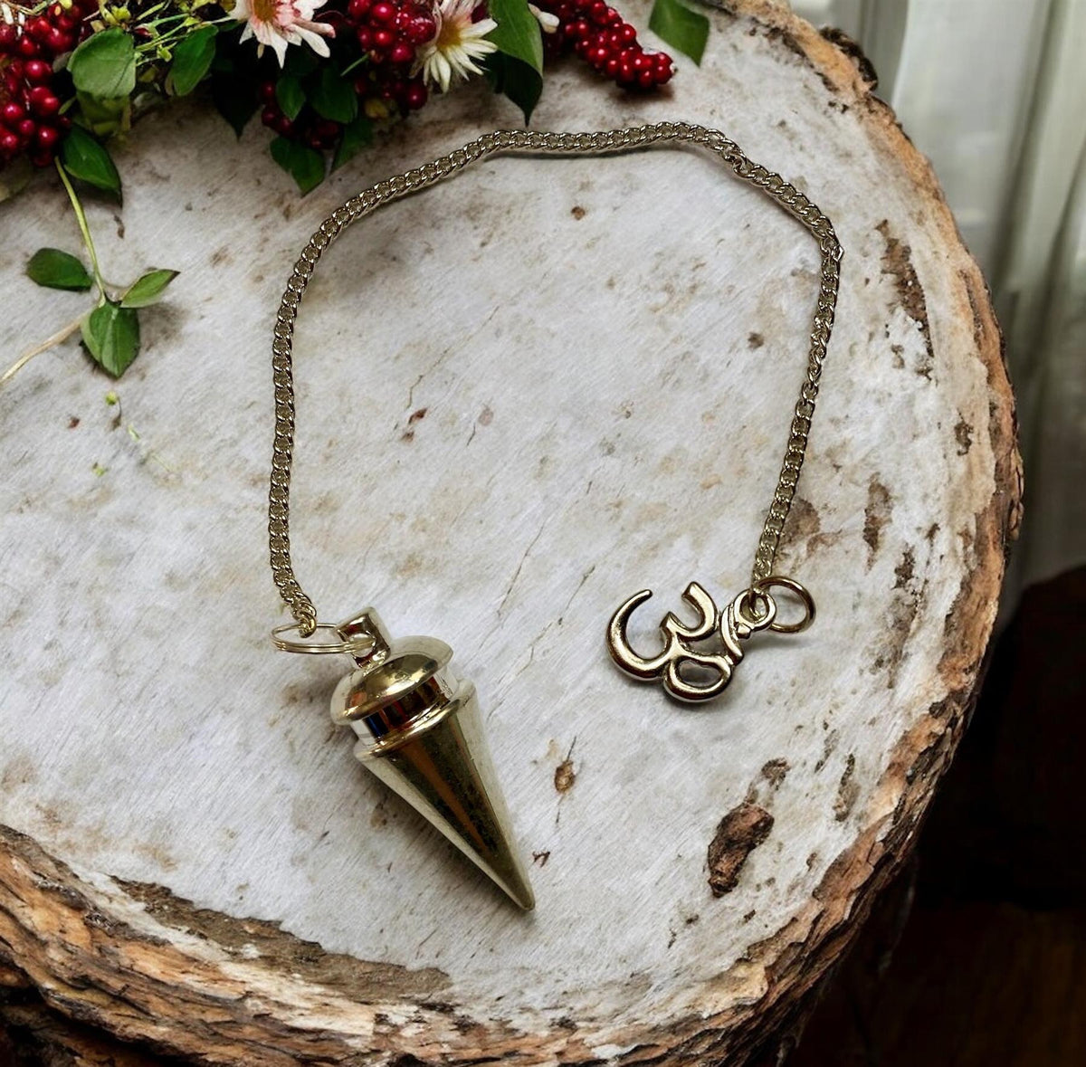 Bullet Shaped Divination Pendulum Dowser with OM Symbol Charm - Mystical Energy Tool - 20cm Chain