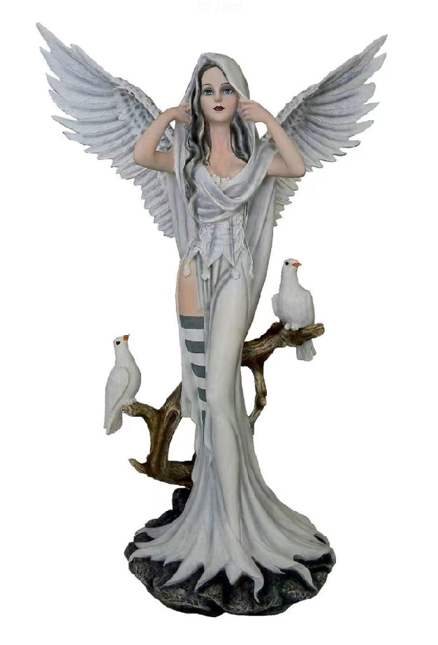 Fantasy Gothic White Angel Statue Figurine Ornament Sculpture – Large Resin Winged Lady with Birds 62cm