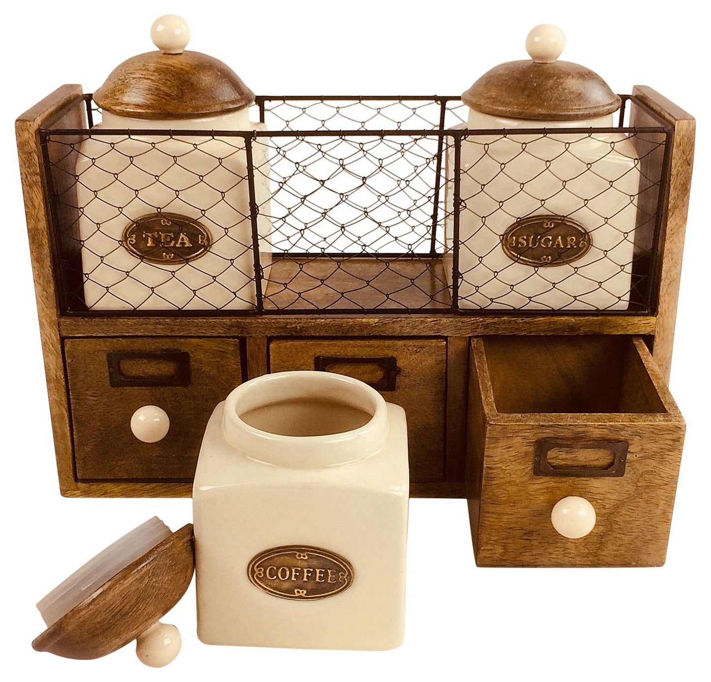 Rustic Wooden Tea Coffee Sugar Storage Rack with Ceramic Jars and Drawers - Wall Mountable