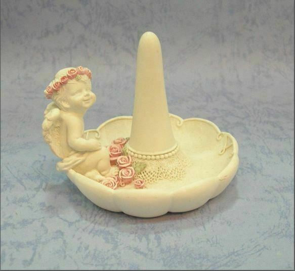 White Cherub Ring Cone Holder – Cute Angel Ring Dish with Roses – Resin Jewellery Storage Tray