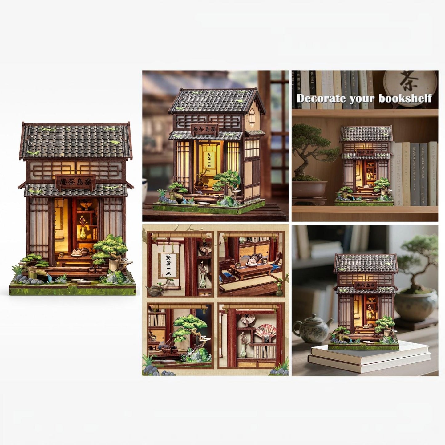 DIY Japanese Tea House Miniature Kit LED Bookshelf Display Model Craft Adult Gift