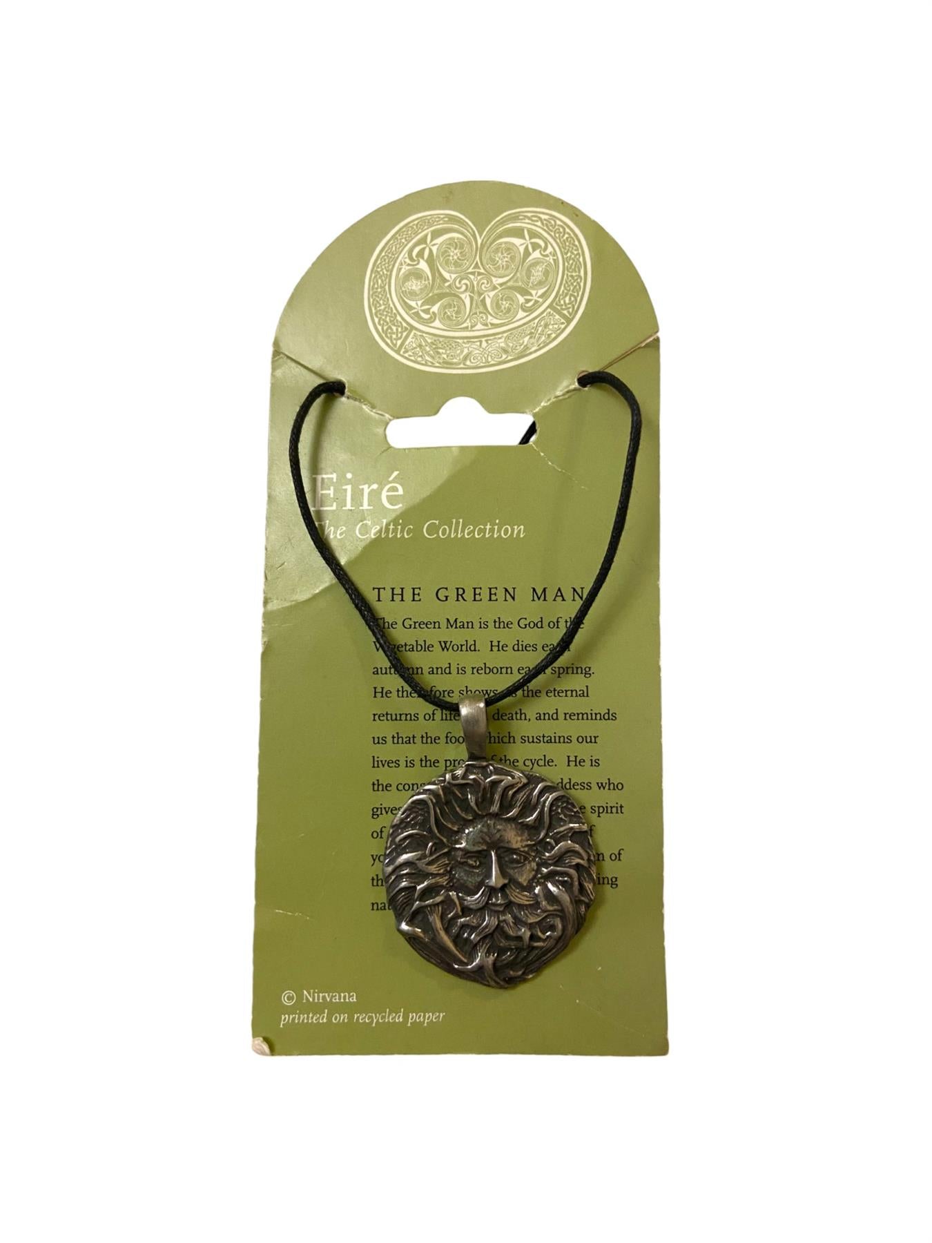 Eire Celtic Green Man Amulet Necklace - 4.5cm Amulet with Black Cord, Pagan Wiccan Jewellery, Nature Spirit Pendant
