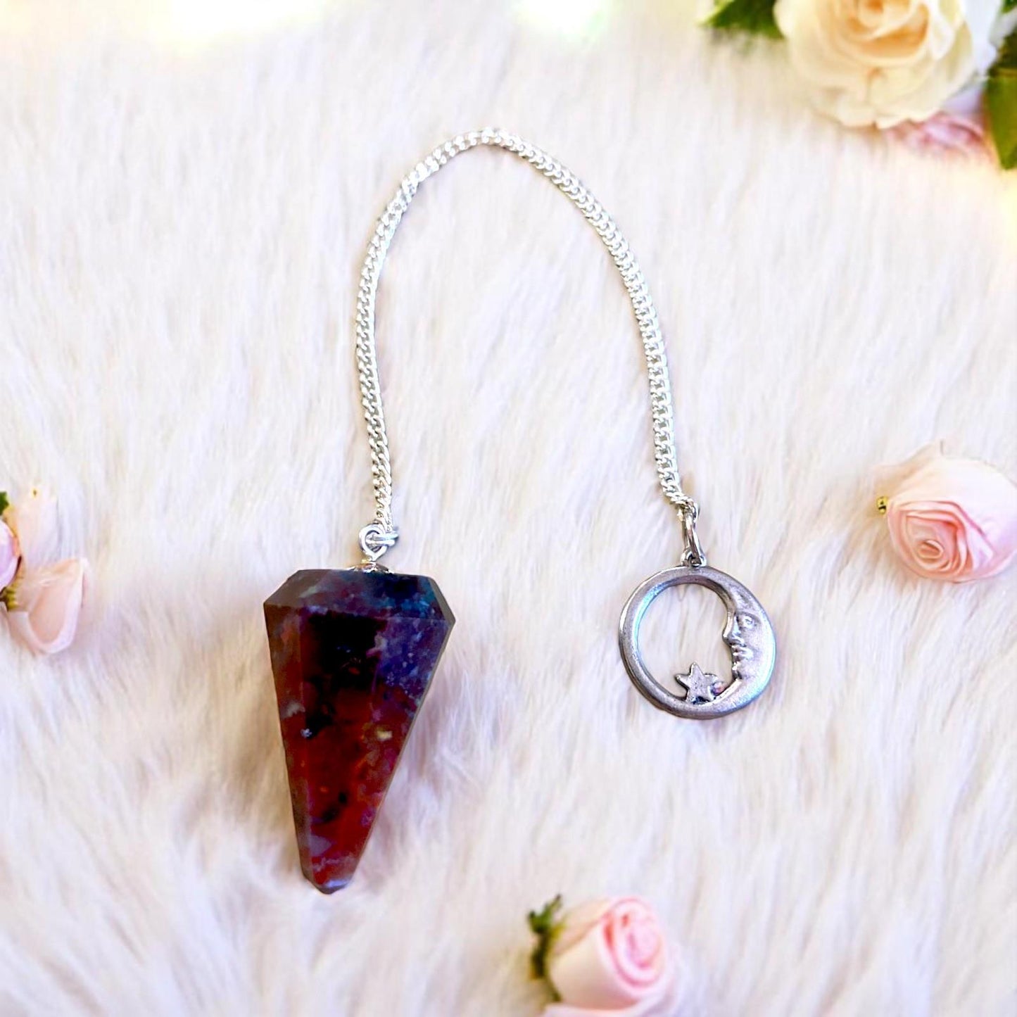 Bloodstone Crystal Pendulum + Crescent Moon Charm Witchcraft Reiki Spiritual