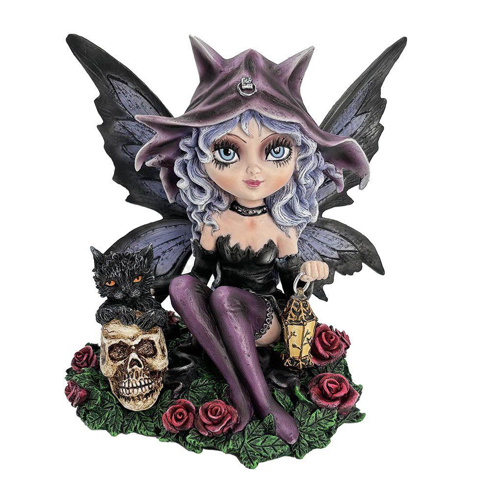 Gothic Fairy Figurine with Black Cat & Skull Witch Fantasy Ornament Pagan Wiccan Statue