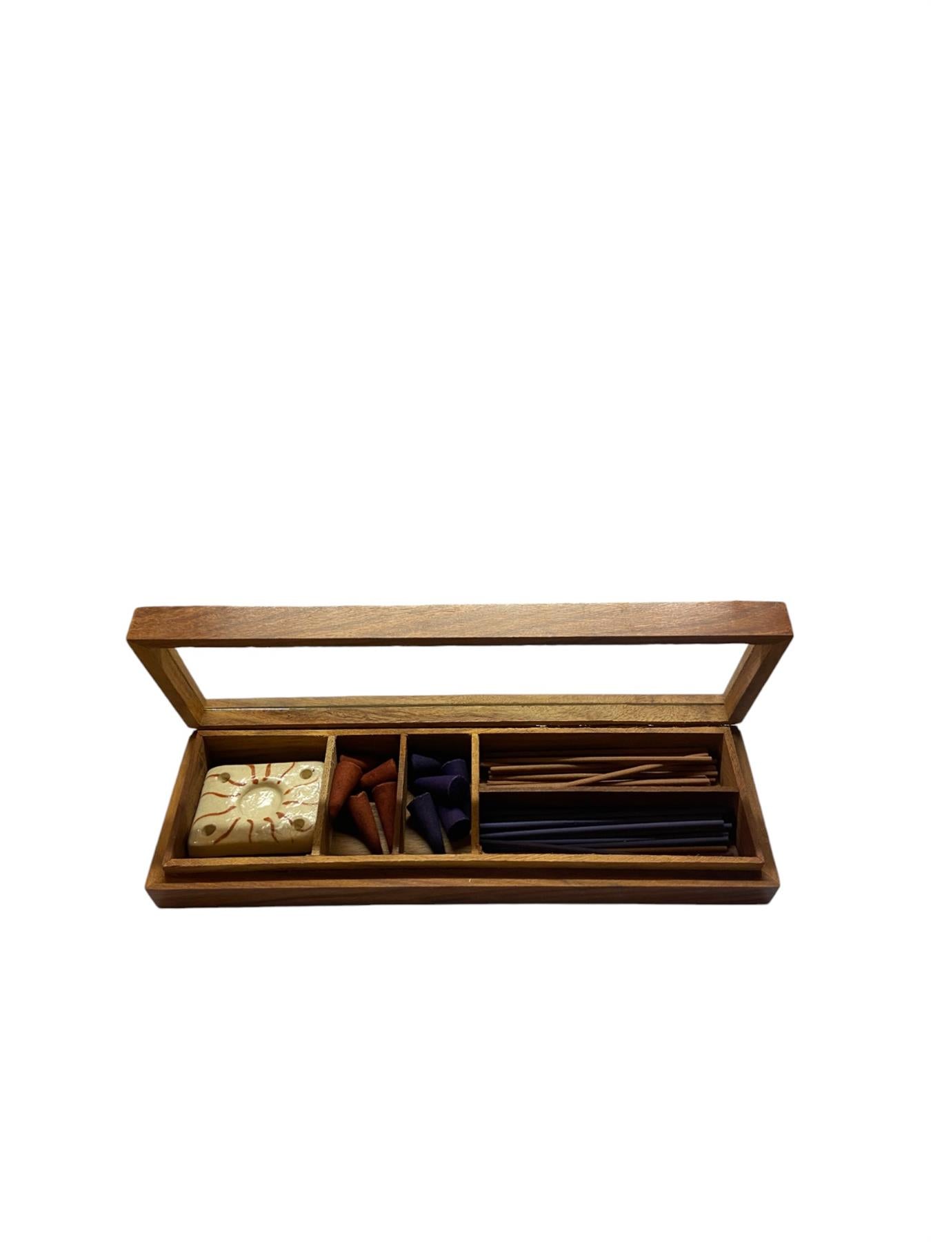 Incense Gift Set - Sandalwood & Lavender Cones & Sticks with Ceramic Holder in Wooden Box - Aromatherapy Meditation Gift
