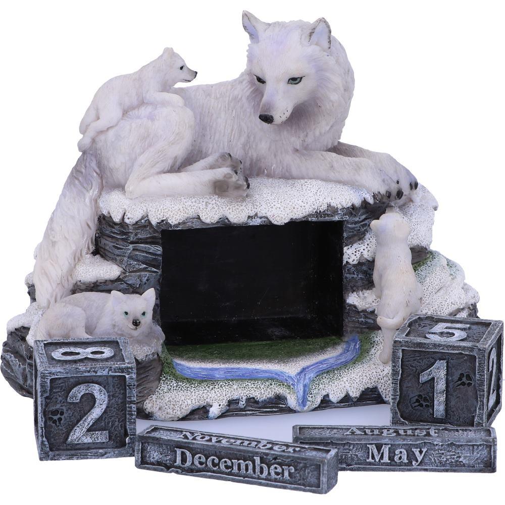 Mother Wolf with Pups Perpetual Calendar Arctic Wildlife Figurine Home Decor