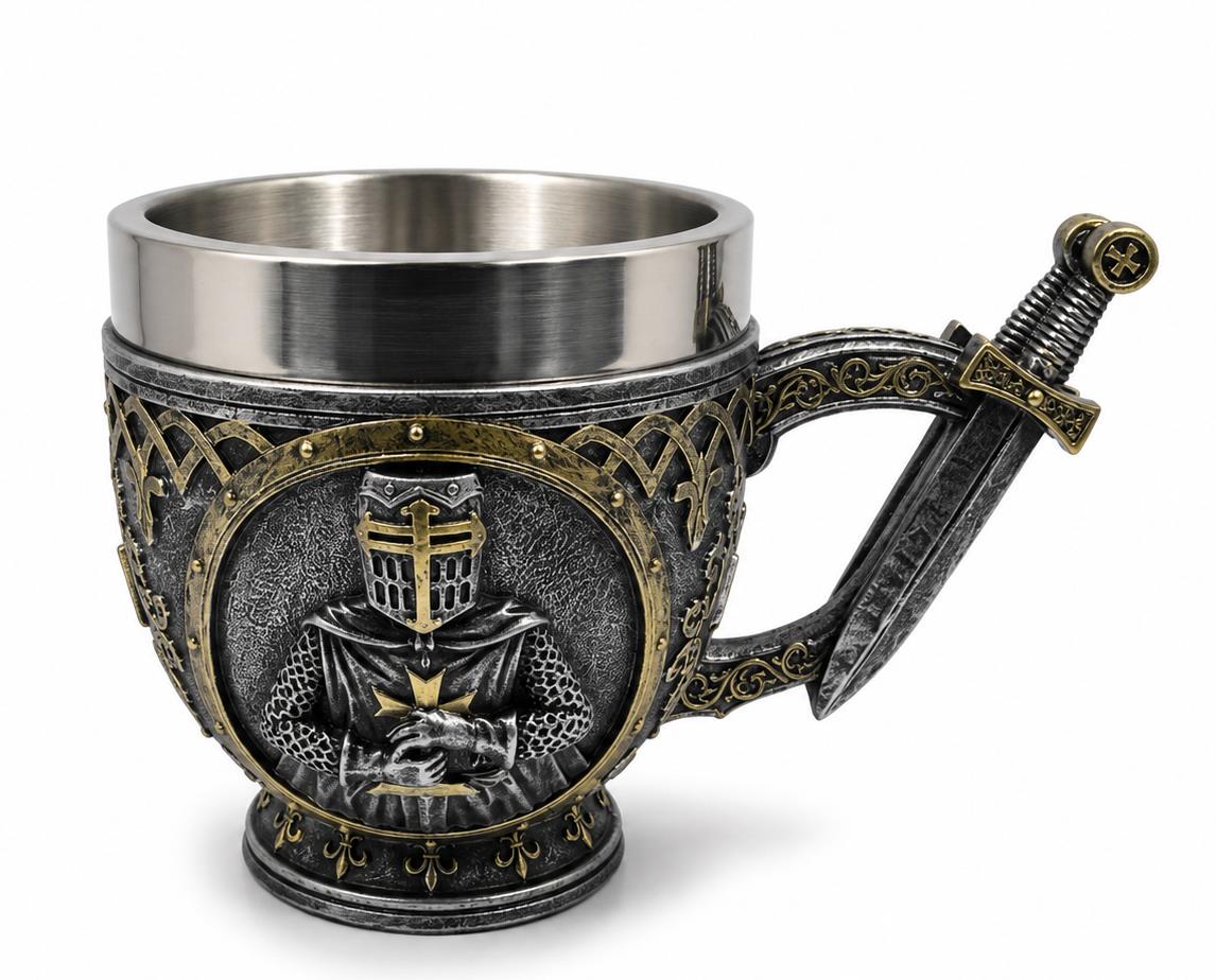 Medieval Crusader Knight Drinking Tankard Gothic Silver Gold Mug Home Bar Decor