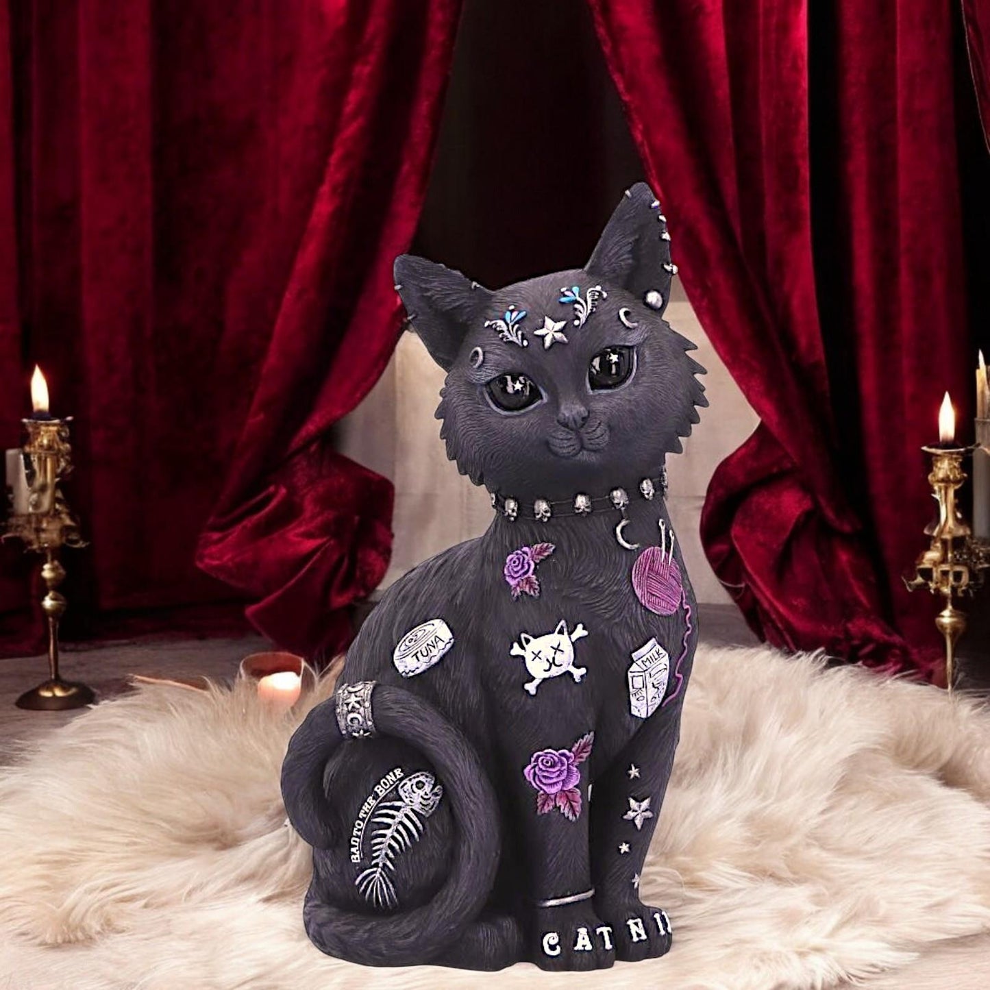 Bad to the Bone Gothic Cat Figurine – 22cm Collectible Resin Statue with Tattoo and Celestial Designs